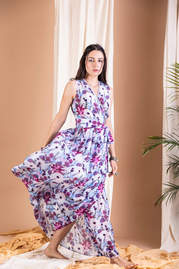 Nazaha - Lilac Floral Long Wrap Dress