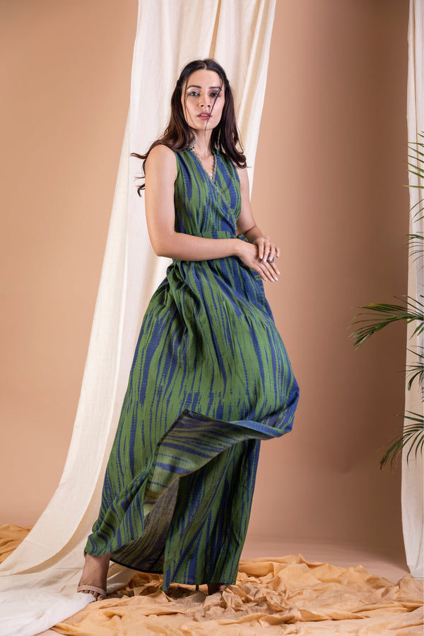 Kaya - Olive green and Indigo Tie dye Long Wrap Dress