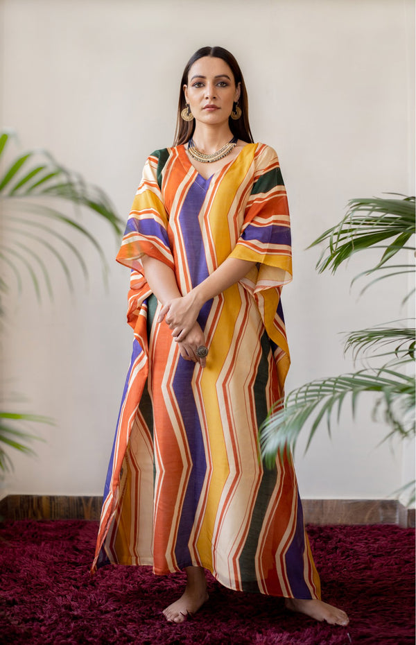 Geometric Print Chanderi Kaftan Dress