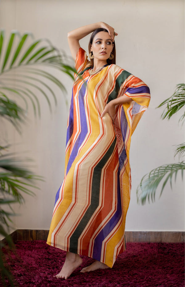 Geometric Print Chanderi Kaftan Dress