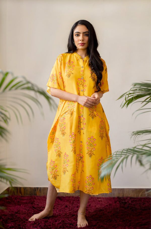 Yellow Floral Block Print Chanderi Button Kaftan