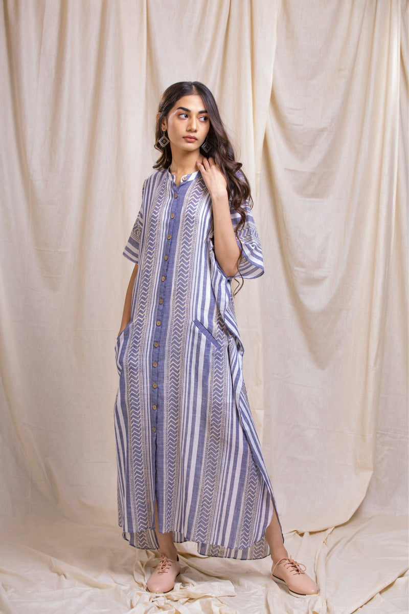 Blue Striped Button Kaftan Dress
