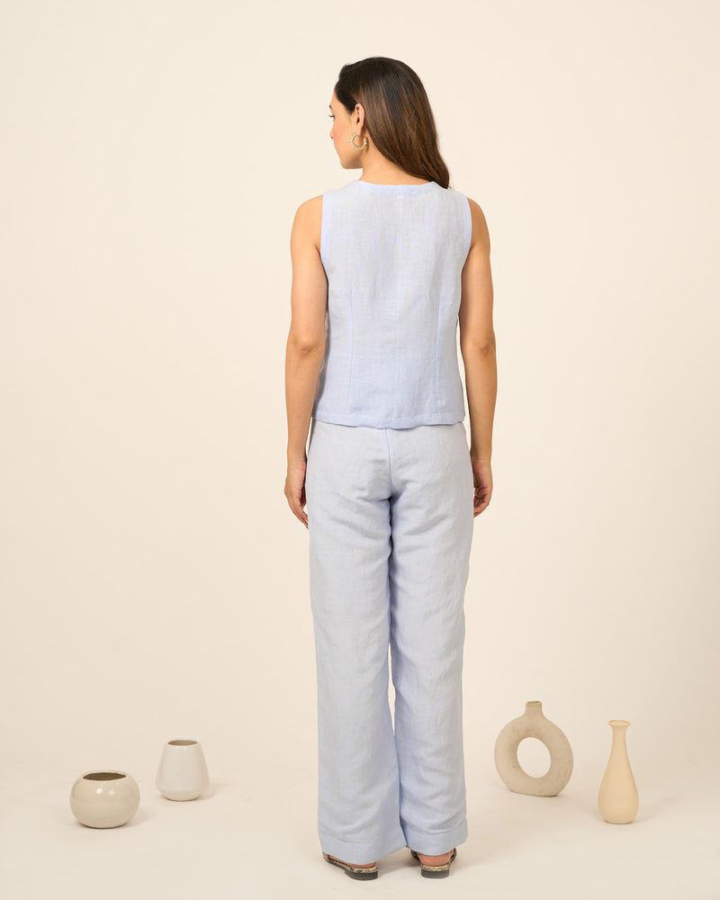Sky Blue Linen Vest and Pants Set