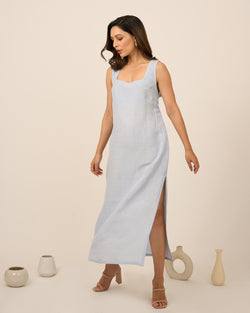Sky Blue Linen Midi Dress with side slit