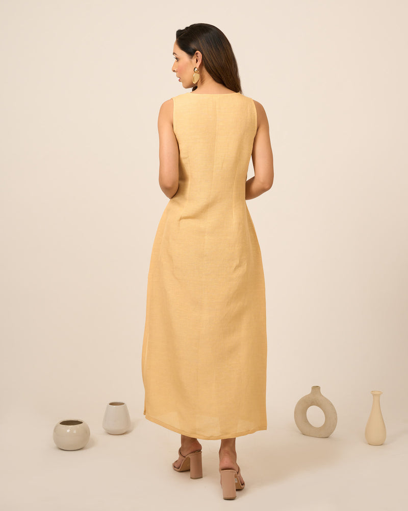 Yellow Linen Midi Dress with side slit