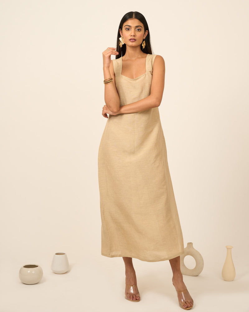 Sand Linen Midi Dress with side slit