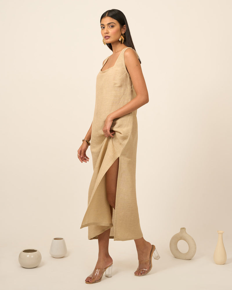 Sand Linen Midi Dress with side slit