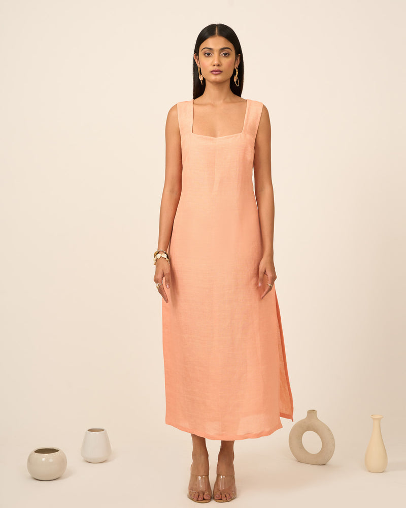 Salmon Pink Linen Midi Dress with side slit