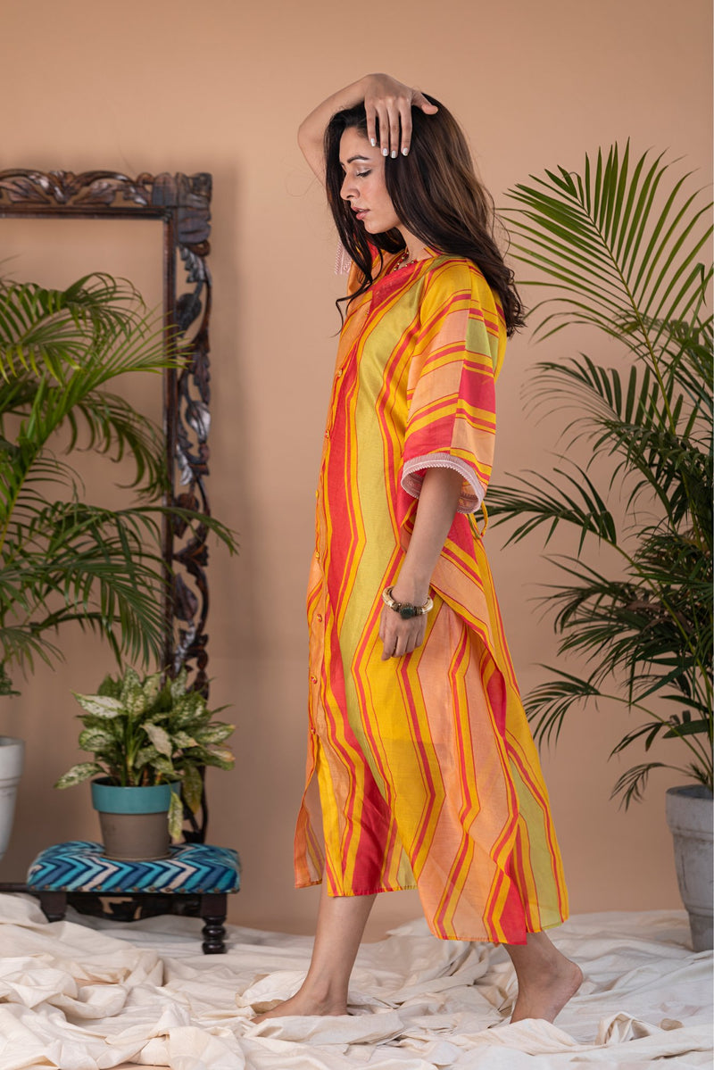 Adira Geometric Print Chanderi Button Kaftan Dress