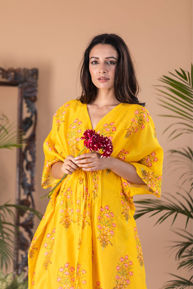 Yellow Floral Block Print Pintuck Kaftan Dress