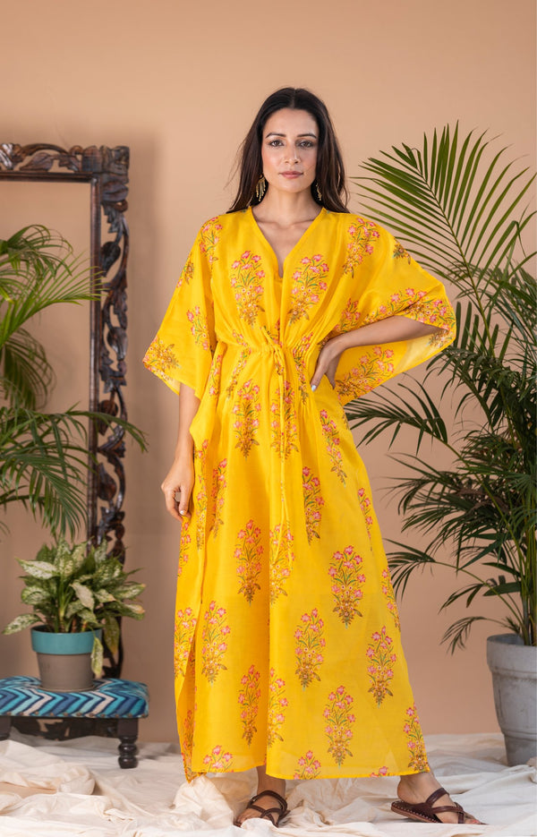 Yellow Floral Block Print Pintuck Kaftan Dress