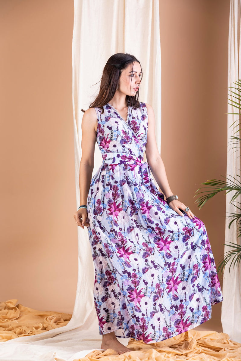 Lilac Floral Print Long Wrap Dress