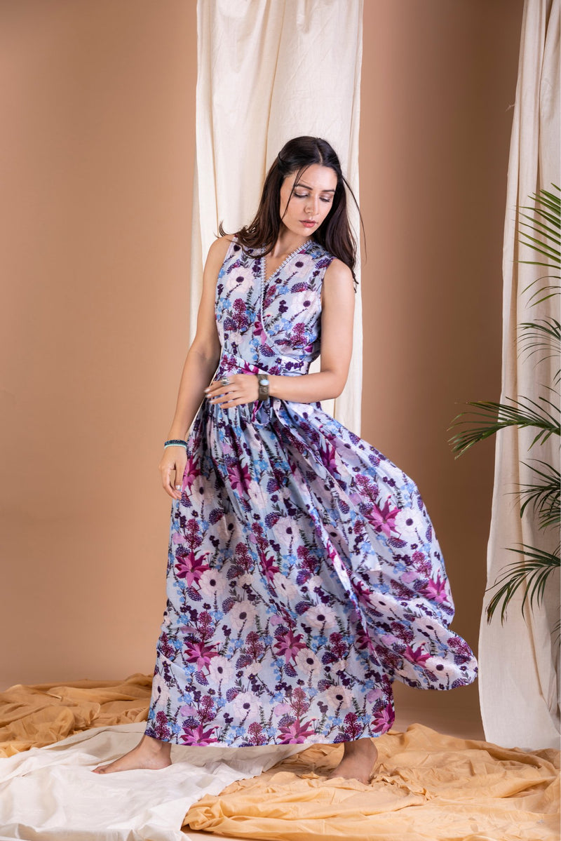 Lilac Floral Print Long Wrap Dress