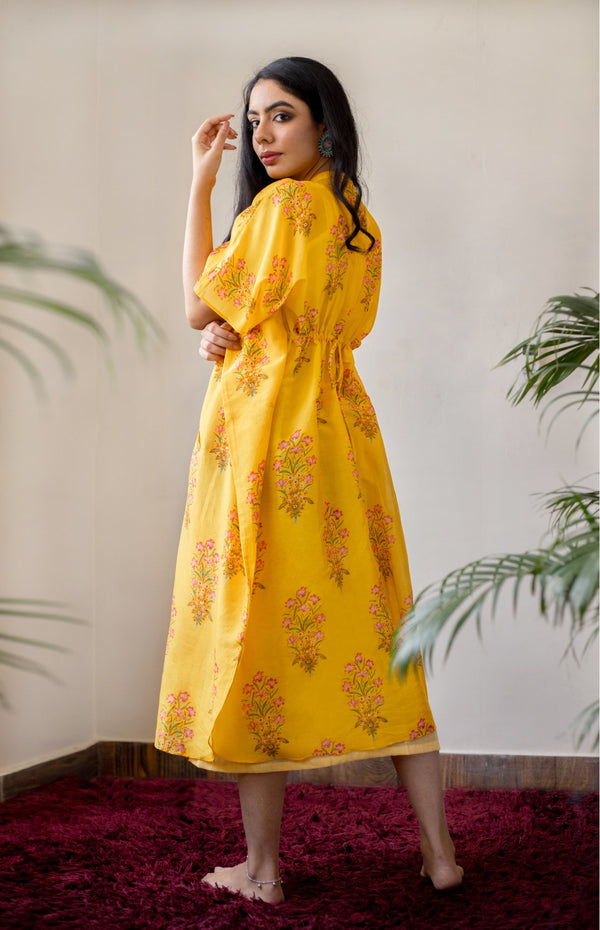 Yellow Floral Block Print Button Kaftan Dress
