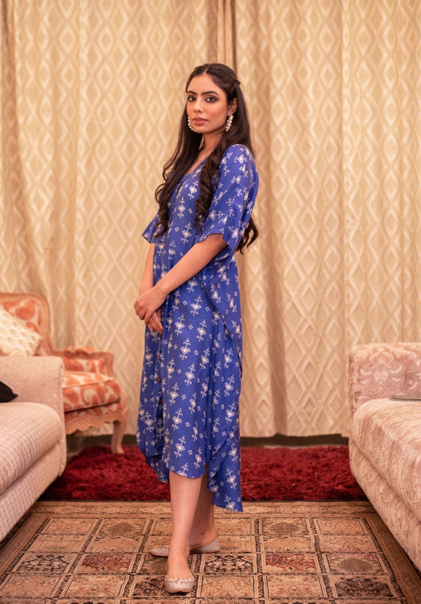 Royal Blue Silk Button Kaftan Dress