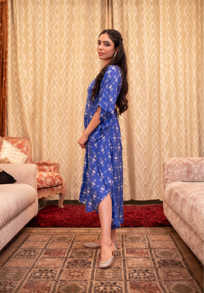 Royal Blue Cotton Silk Button Kaftan Dress