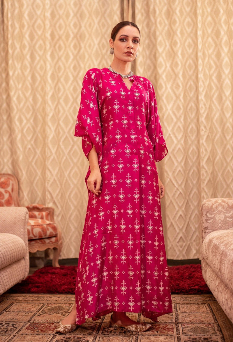 Fuchsia Cotton Silk Box Pleat Kaftan Dress