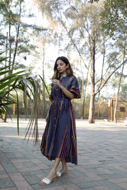 Indigo Striped Button Kaftan Dress With Belt