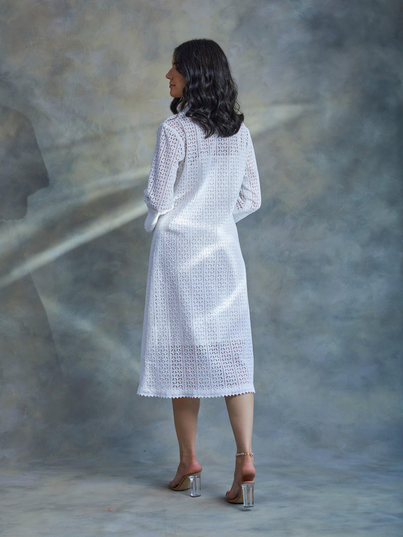 White Cut Work Midi Shirt Dress - Kapaas
