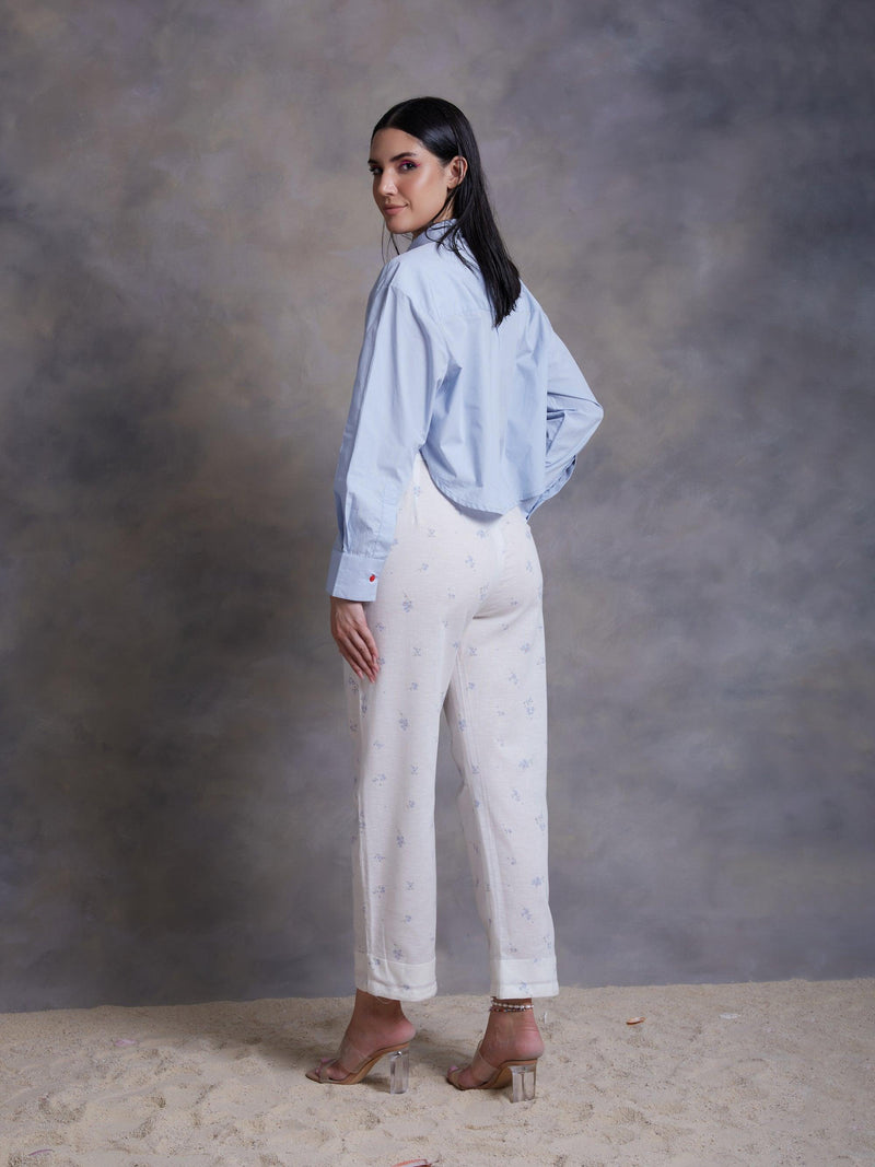 Ditsy Blue Printed Linen Pants - Kapaas
