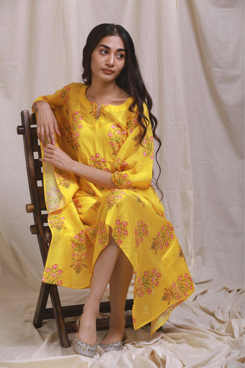 Yellow Floral Block Print Kaftan