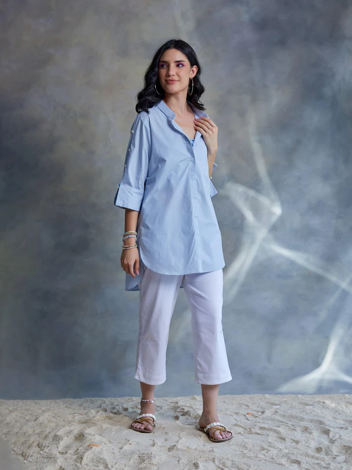 Pastel Blue Poplin Shirt With Shell Beading 2