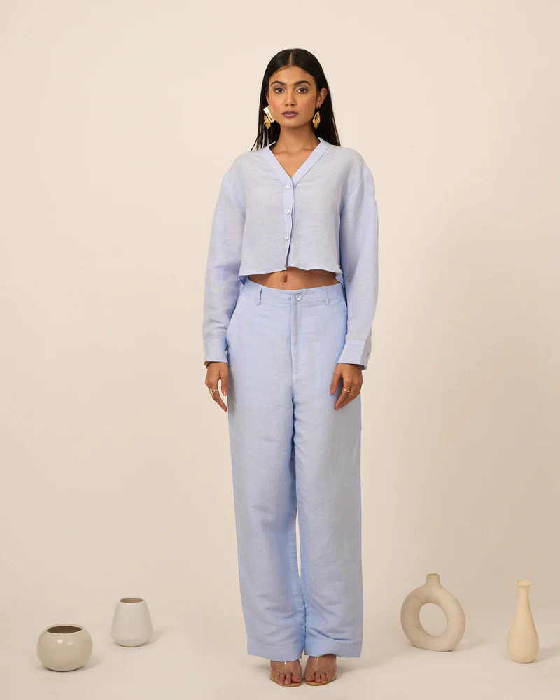 Sky Blue Linen Crop Top and Pants Set 2