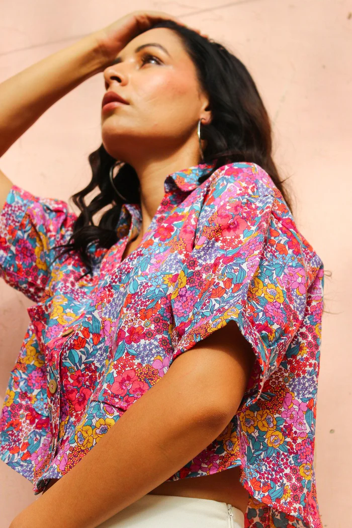 Colorful Floral Linen Crop Top 2