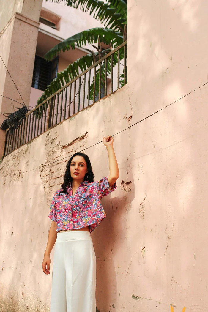 Colorful Floral Linen Crop Top 3