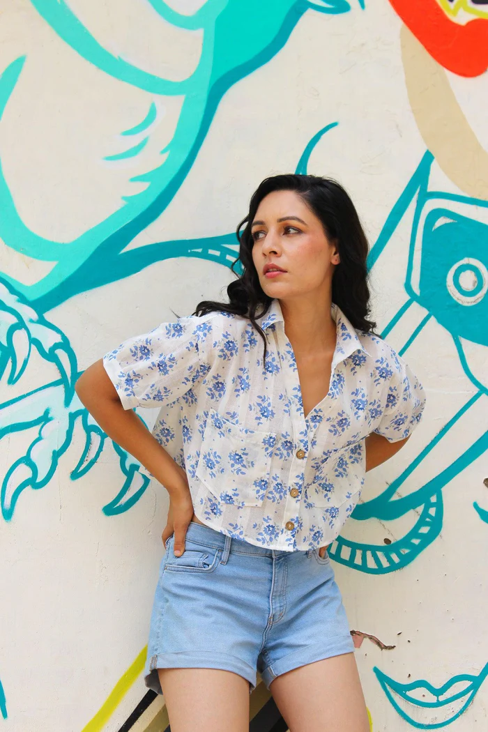 Ivory Floral Linen Crop Top 3