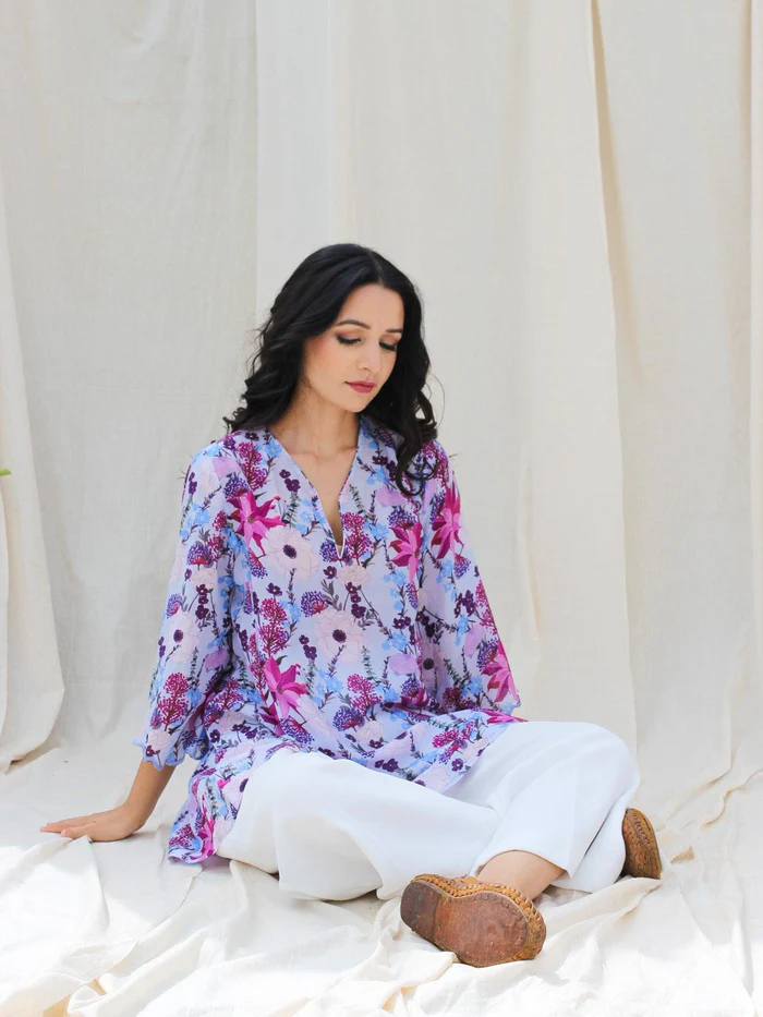 Lilac Floral Cotton Silk Kurta 5