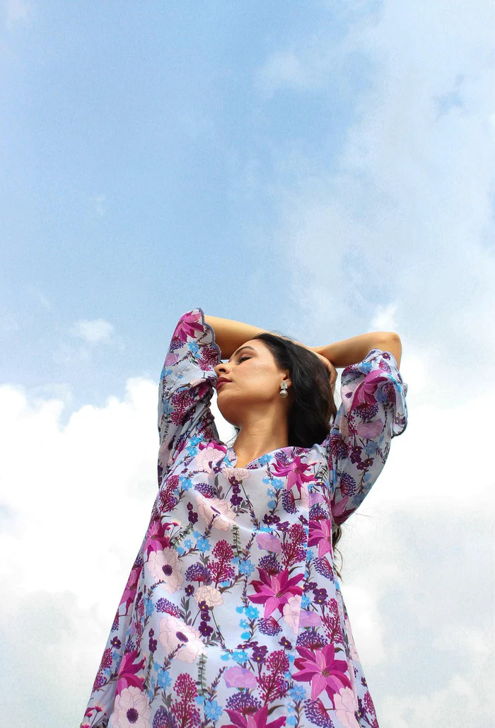 Lilac Floral Cotton Silk Kurta 6