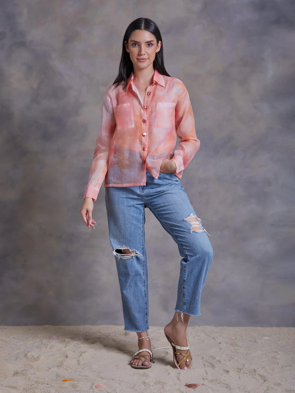 Peach Abstract Texture Print Organza Shirt 1