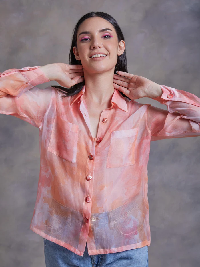Peach Abstract Texture Print Organza Shirt 3