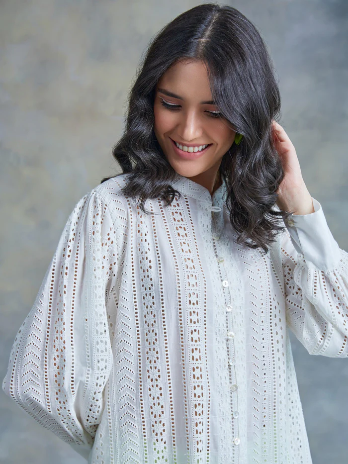 Pearl White Cut Work Schiffli Kurta 3