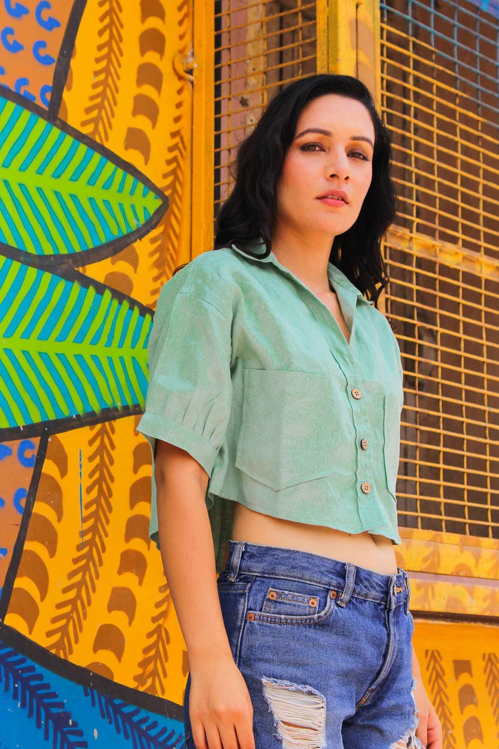 Pistachio Green Linen Crop Top 2