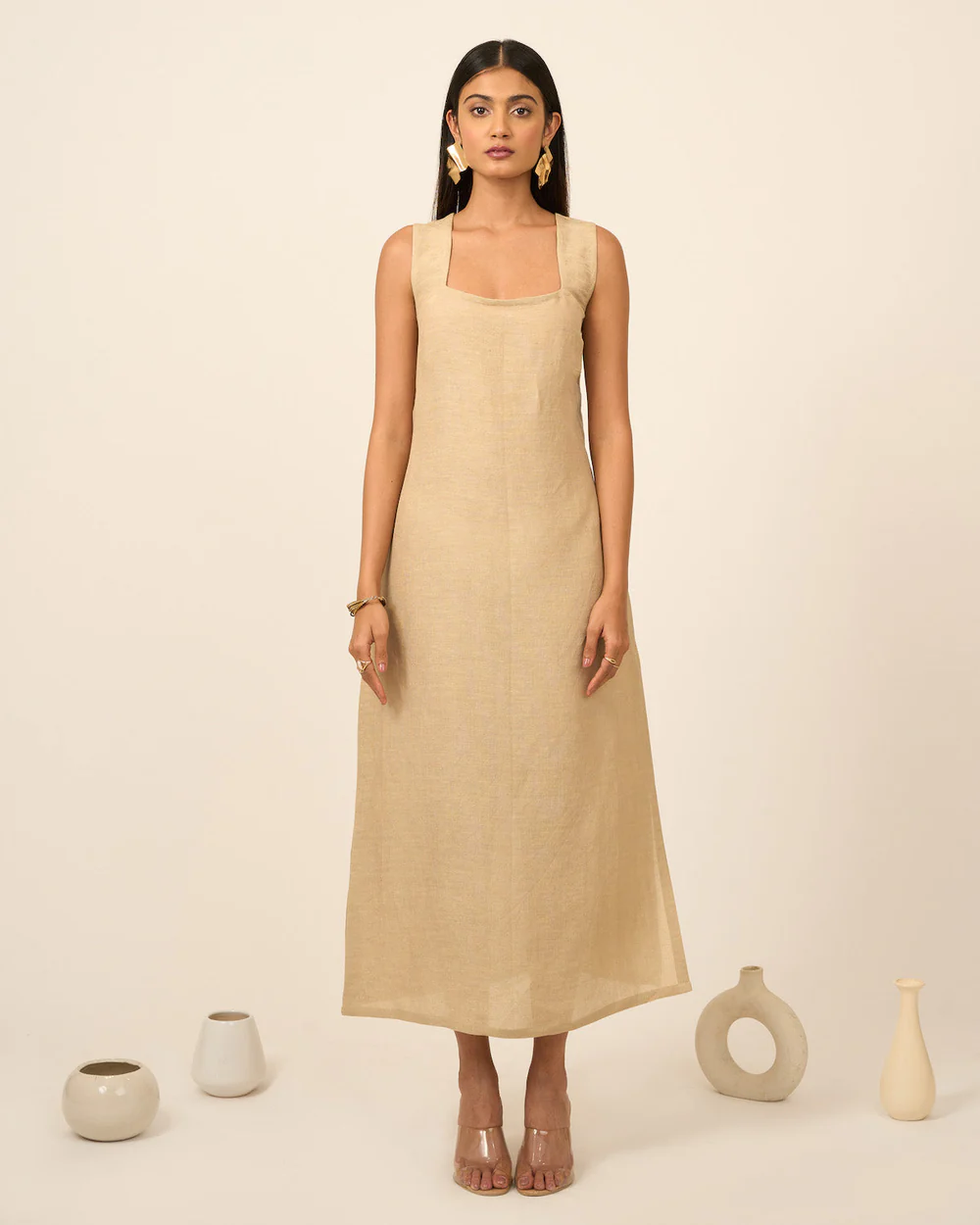 Sand Linen Midi Dress With Side Slit 3