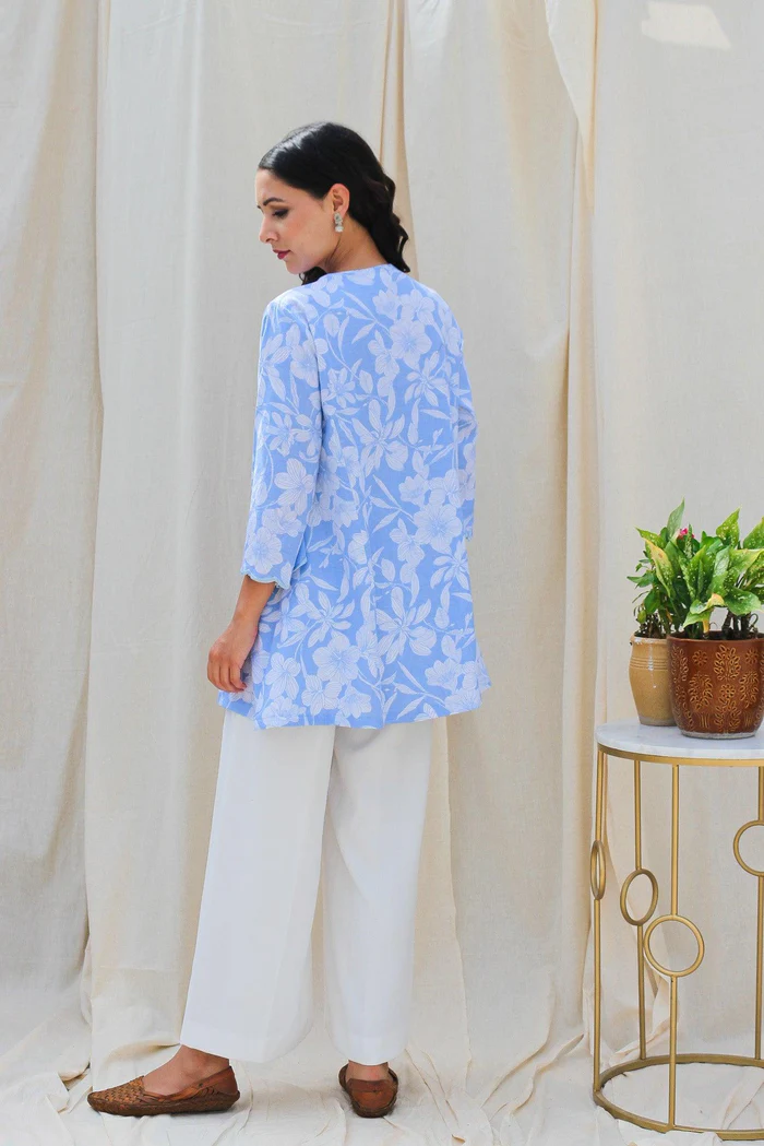 Sky Blue Floral Linen Kurta 5